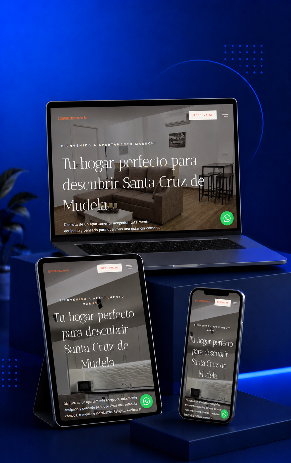 Sitio web responsive desarrollado para Apartamento Maruchi por Nahuel Acosta Dev, visualizado en computadora, tablet y móvil.